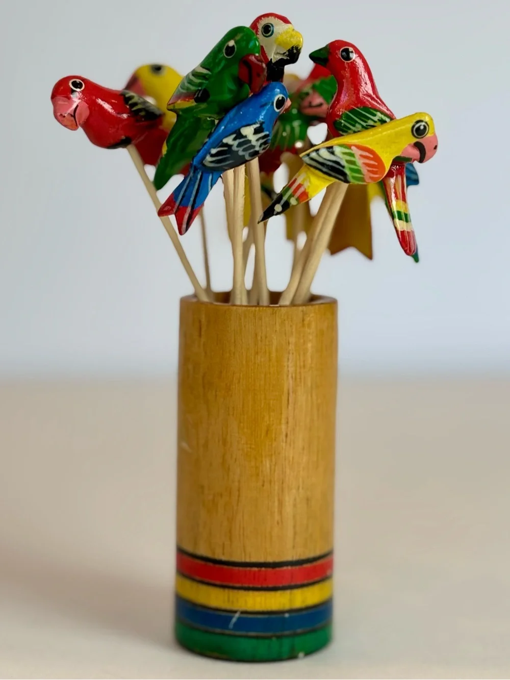 Hand-Painted Wooden Parrot Cocktail Picks with Bamboo Holder Set of 12 Tropical